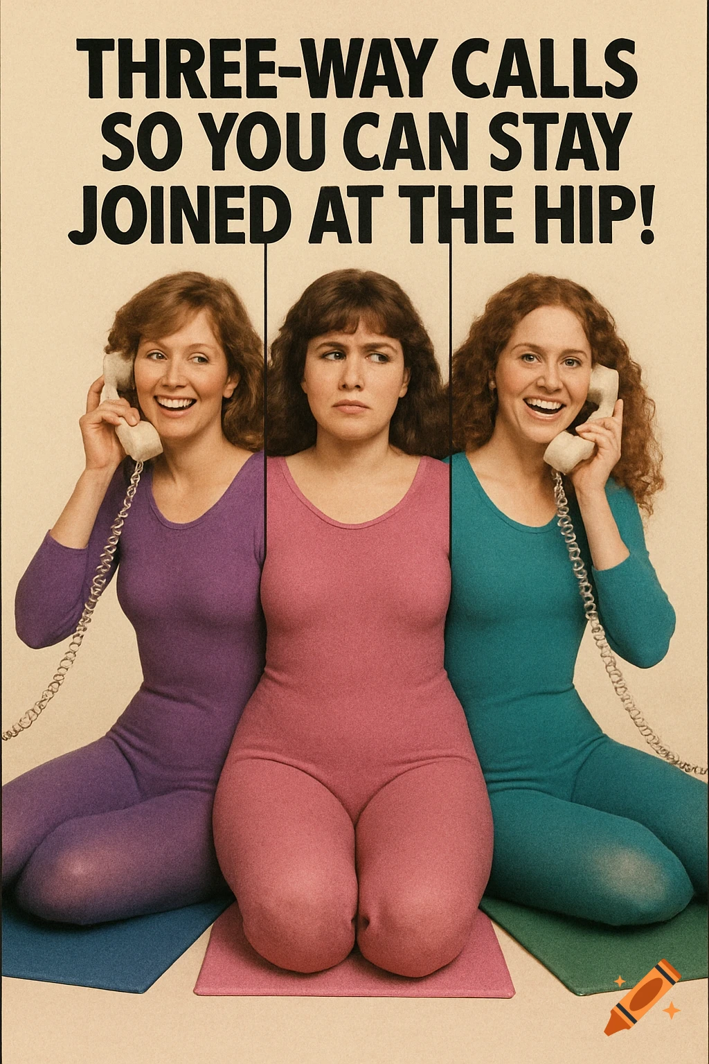 Retro ad showing three women merged into one body, holding phones. Text: THREE-WAY CALLS SO YOU CAN STAY JOINED AT THE HIP!