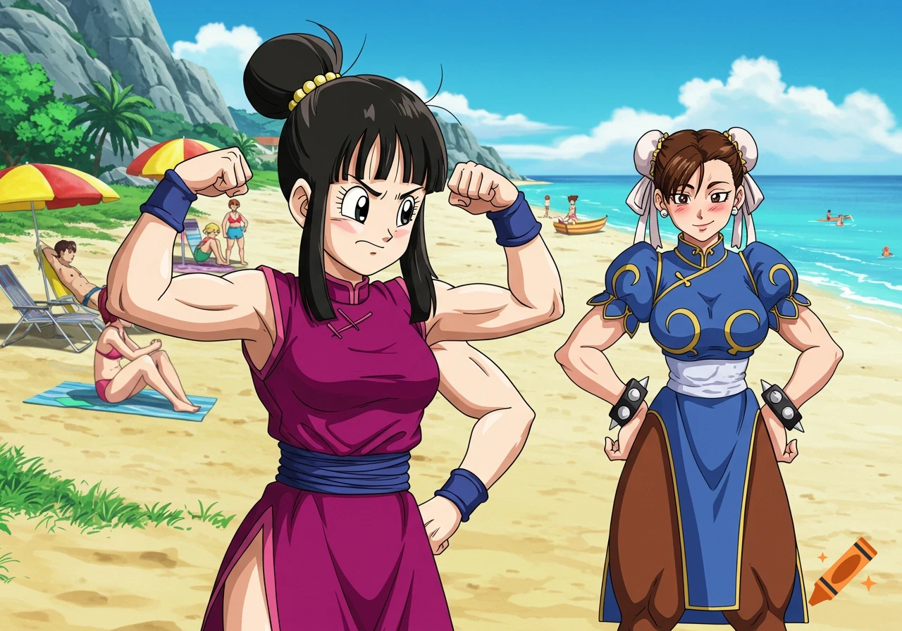 Chi Chi flexing near Chun Li on a beach in anime style on Craiyon