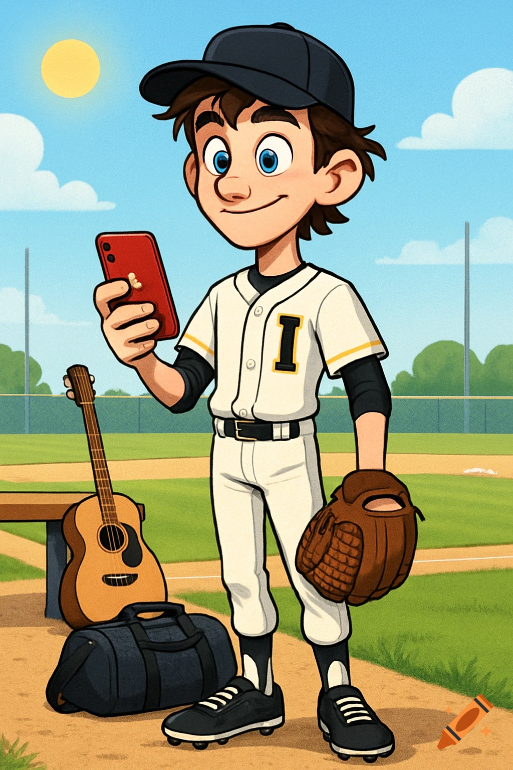 Cartoon boy in baseball uniform on a sunny field, holding a phone and glove.