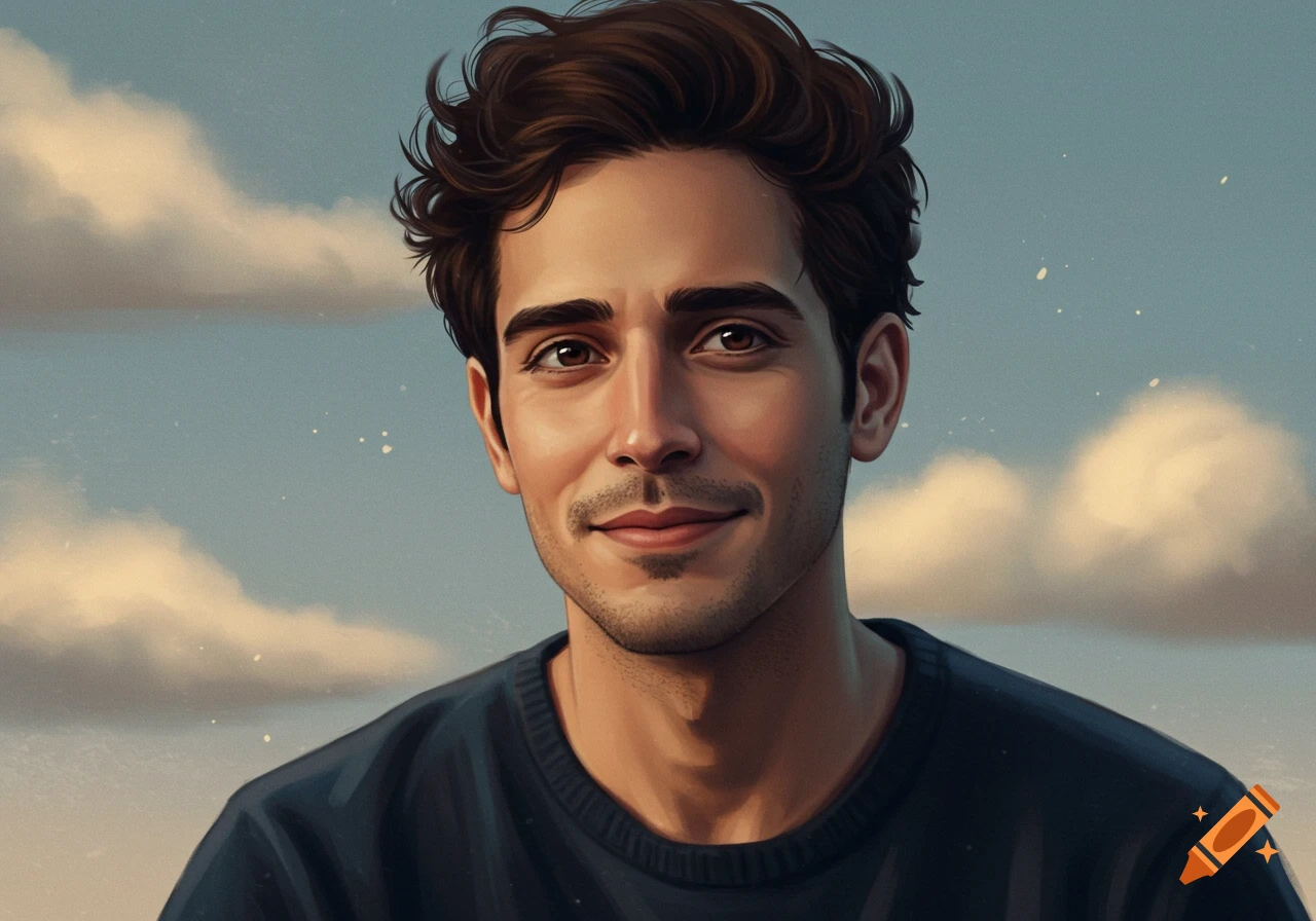 Close-up portrait of a smiling man in a dark sweater against a cloudy sky background in a digital art style.
