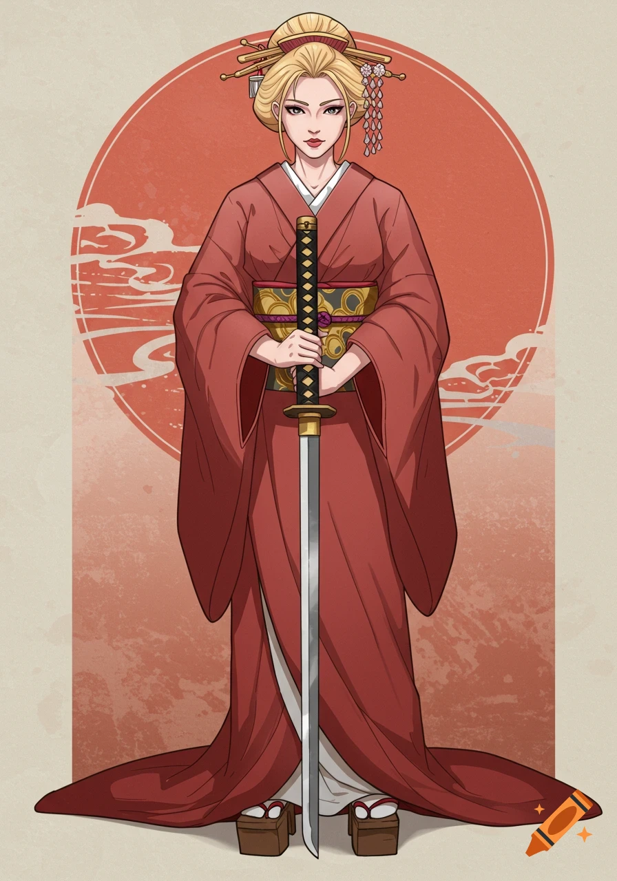 Illustration of a blonde woman in a red kimono holding a samurai sword, ukiyo-e style.