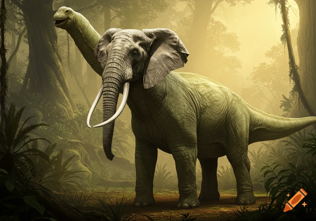 A dinosaur with an elephant head stands in a misty jungle.