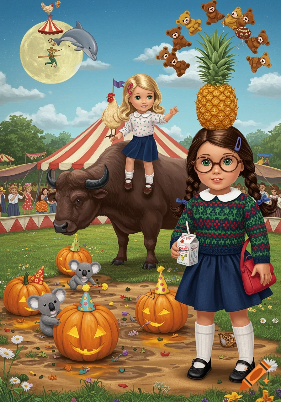 Dolls in a surreal circus scene with a buffalo, pineapple, flying bears, koalas, and pumpkins.