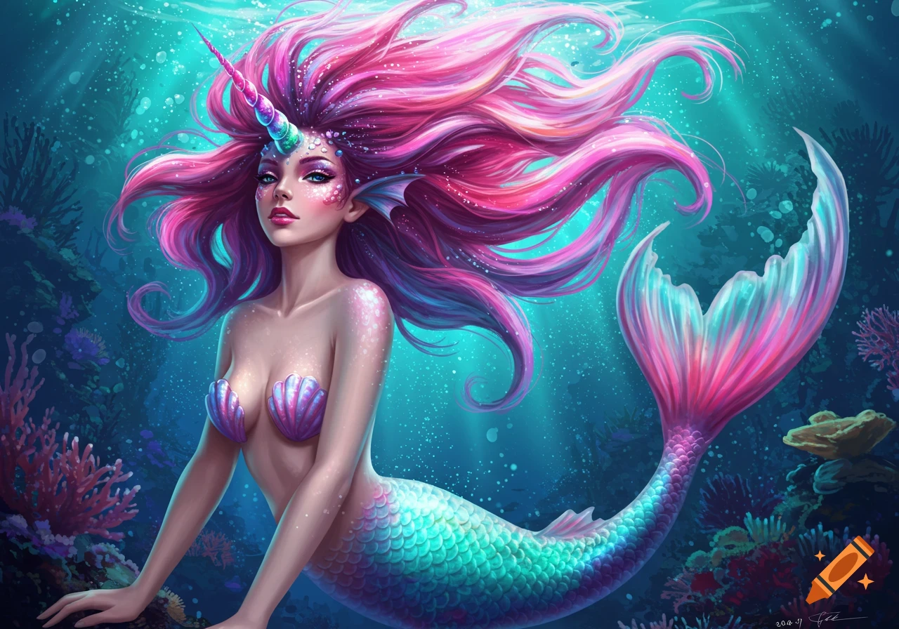 A vibrant mermaid with pink hair, a unicorn horn, and a shimmering tail swims underwater.