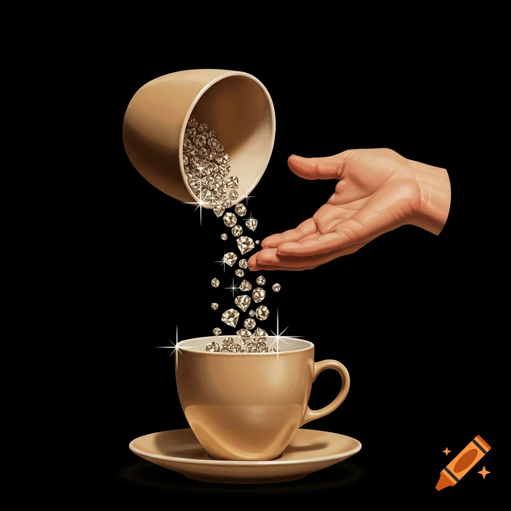 A hand pours sparkling diamonds from an overturned coffee cup into a cup and saucer.