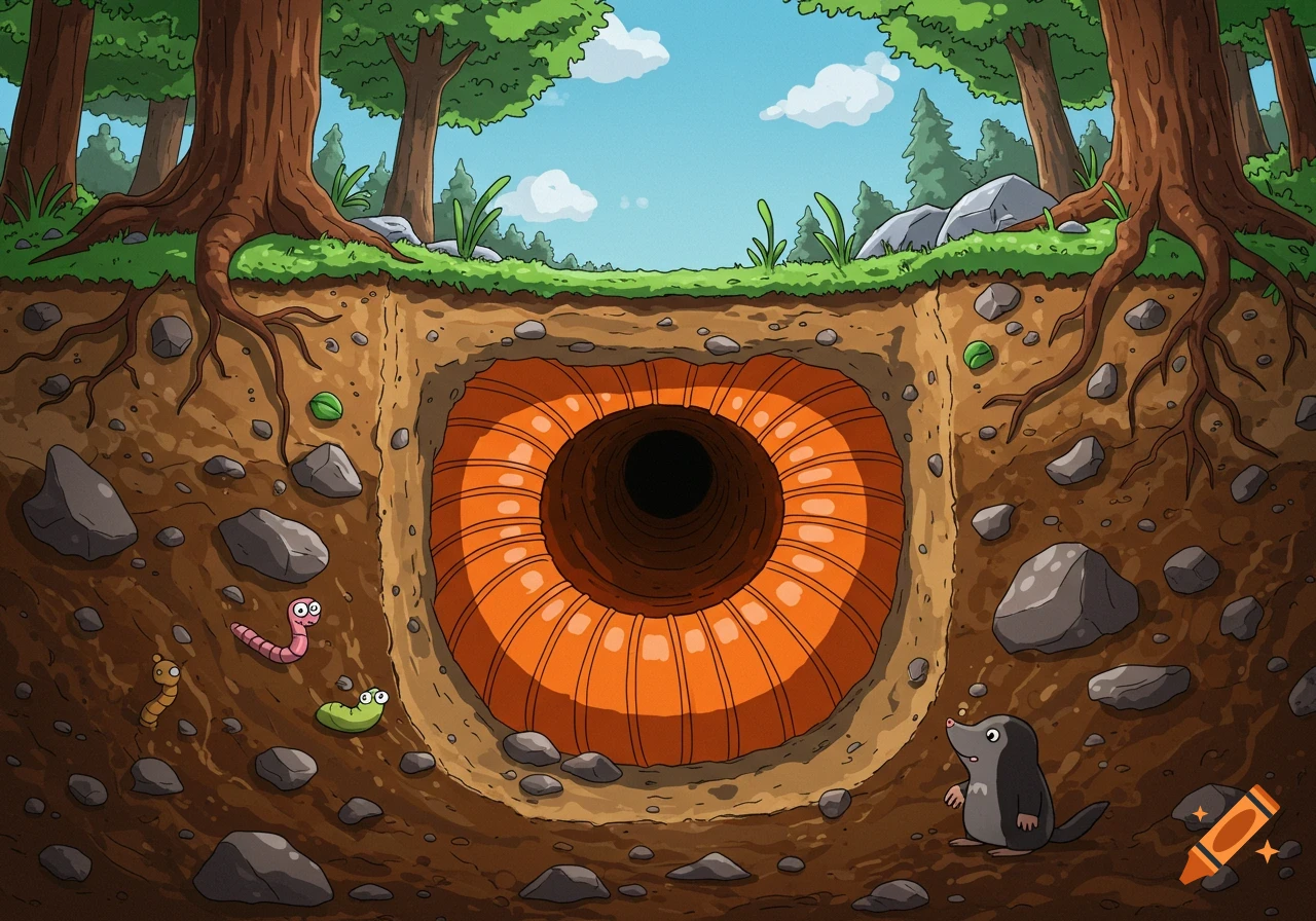 Cartoon cross-section of underground with a large orange pipe, roots, rocks, worms, and a mole.