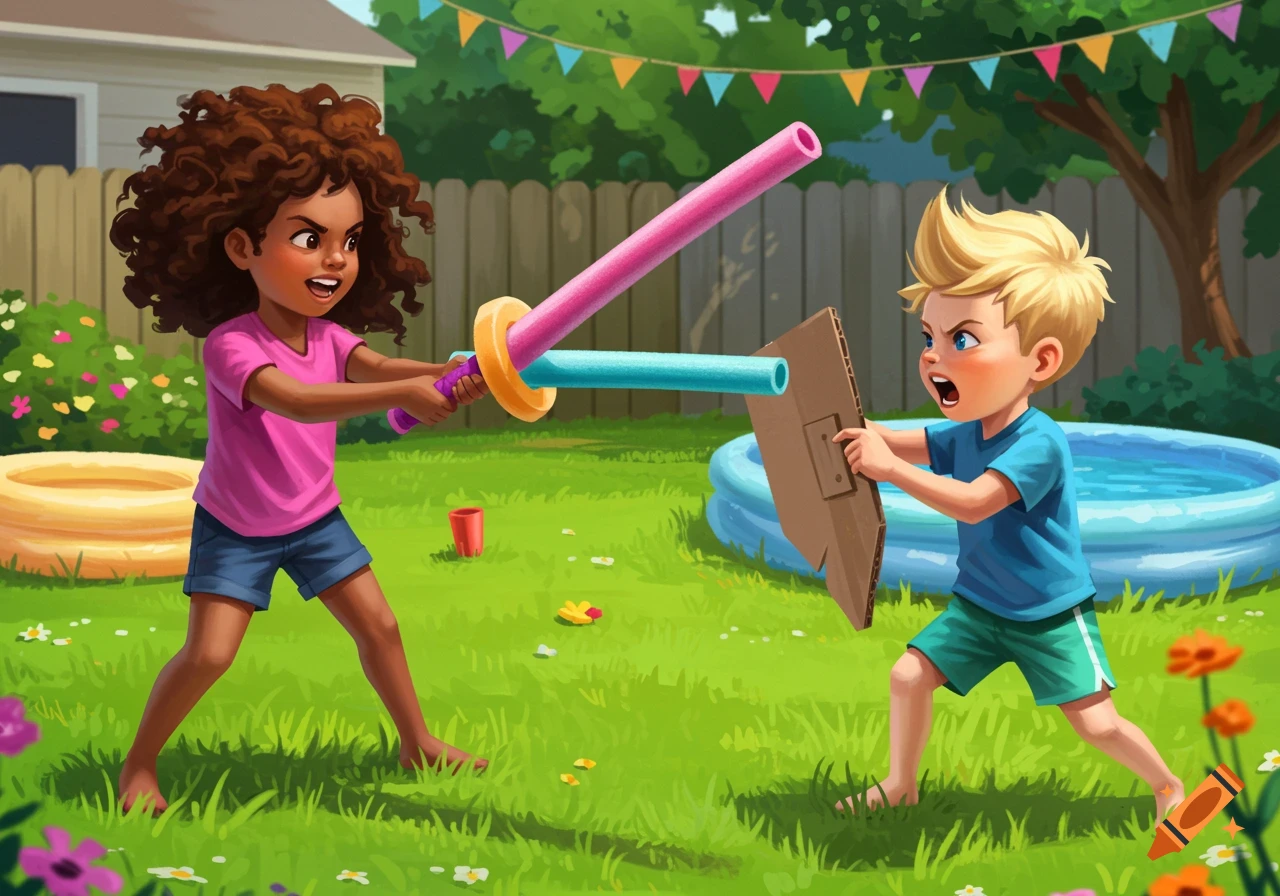 Illustration of two children playing sword fight with pool noodles and a cardboard shield in a backyard.