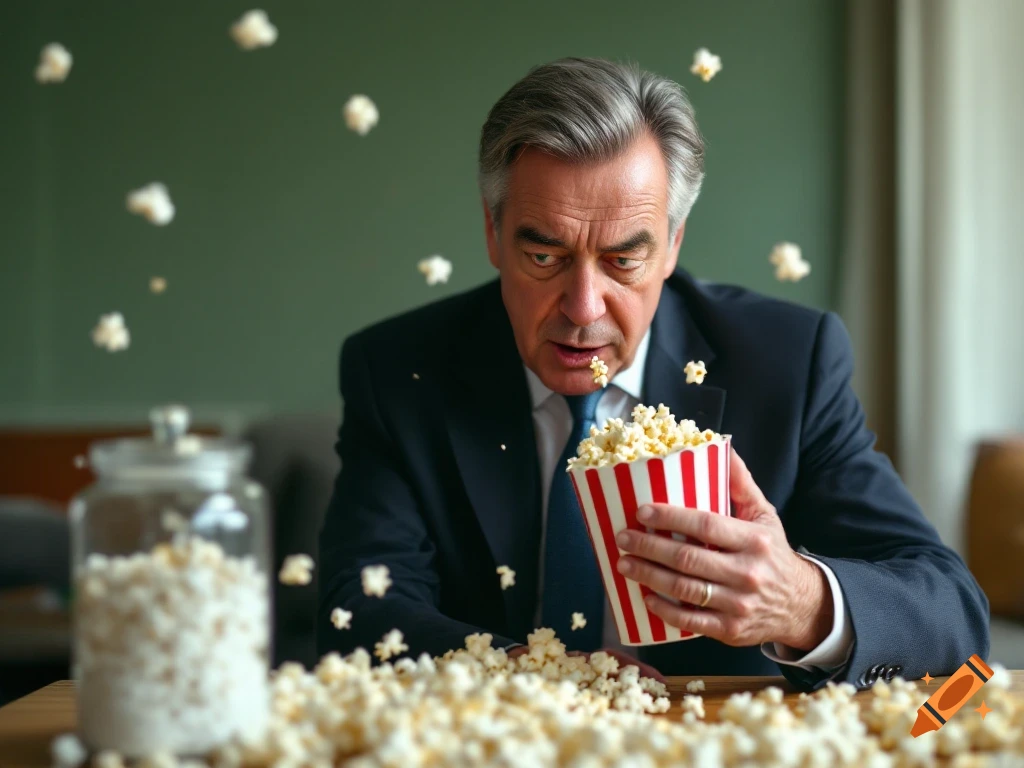 Man in suit looks startled as popcorn flies around him while eating