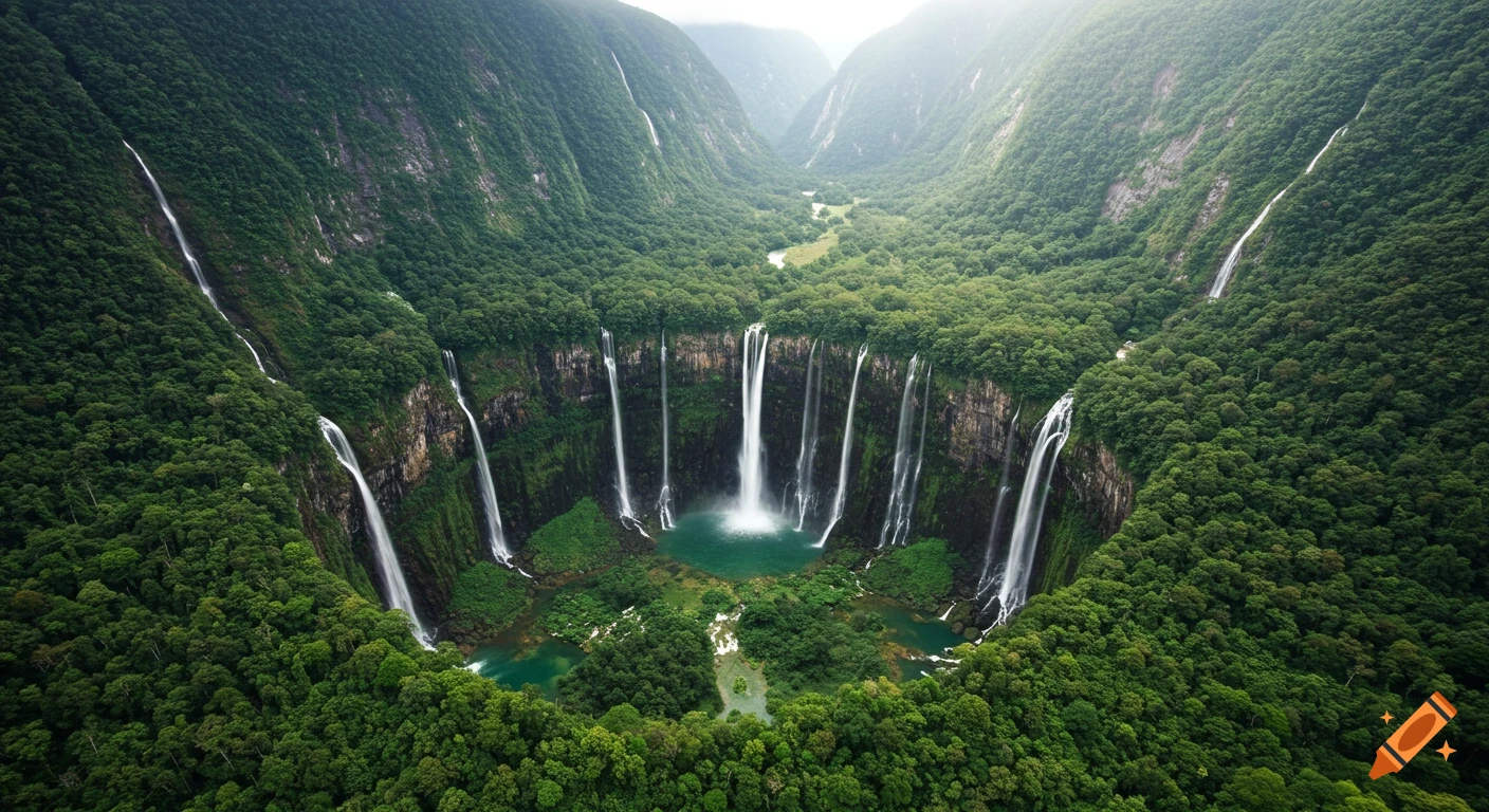 Aerial view of a lush green valley with multiple waterfalls cascading into a pool