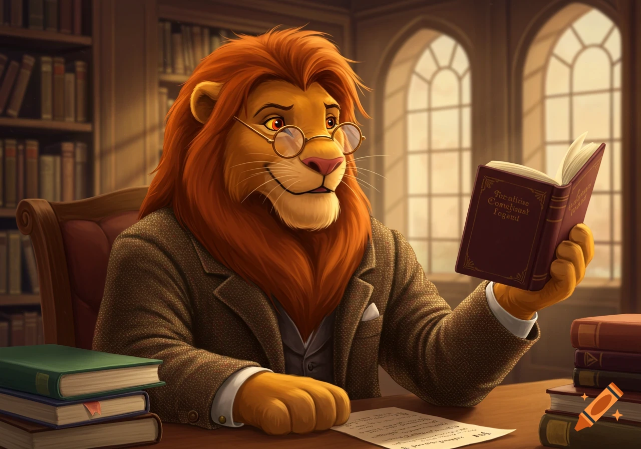 An anthropomorphic lion professor in a tweed jacket reads a book in a library.