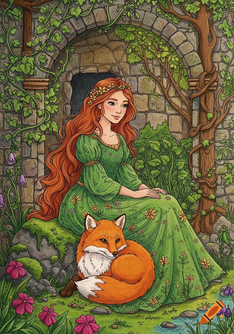 Coloring page of a fantasy princess with a fox in a nature setting by a stone arch.