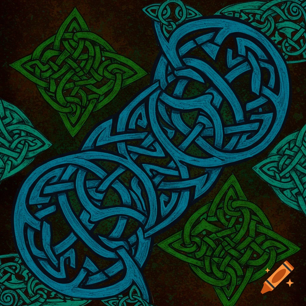 Abstract Celtic knots in blue and green.