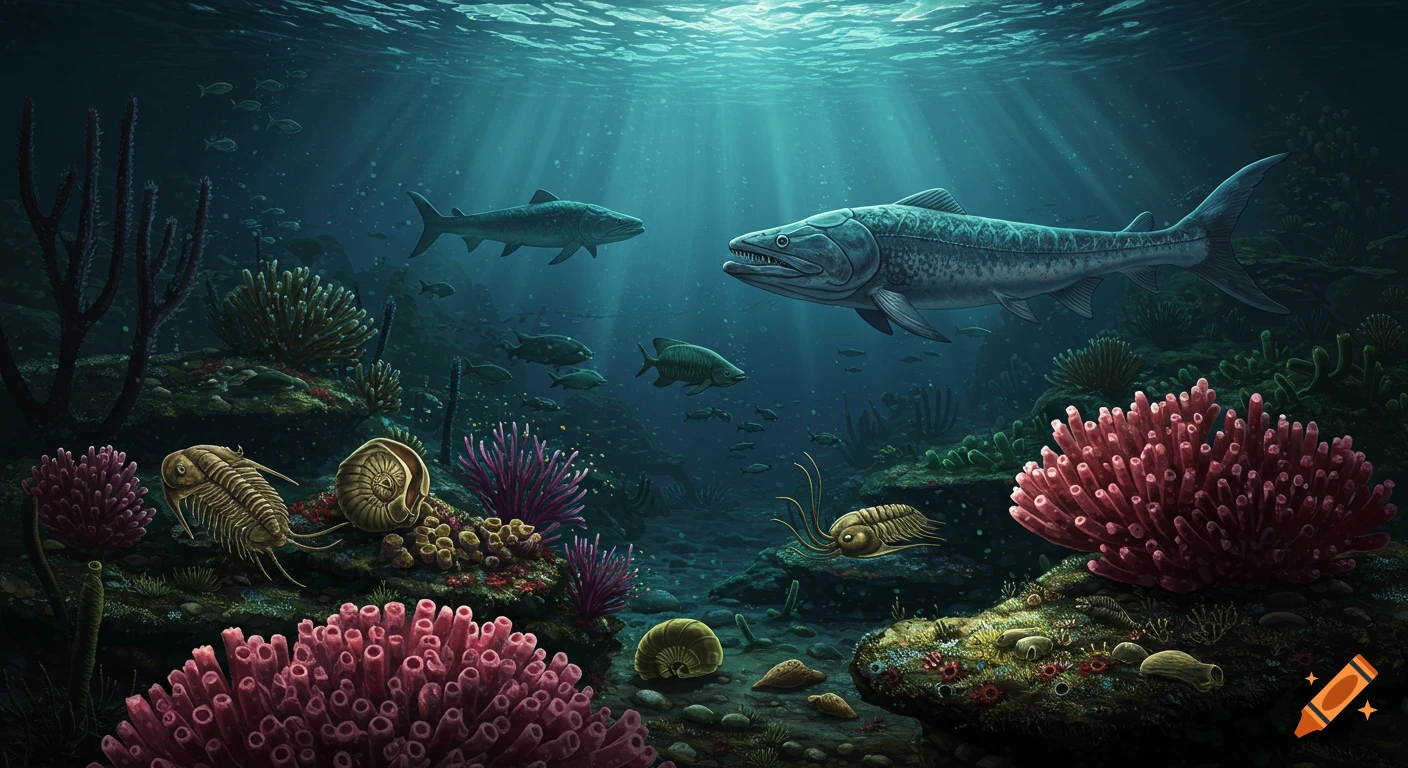 Prehistoric sea life including fish, trilobites, and ammonites in a colorful underwater reef with sunlight.