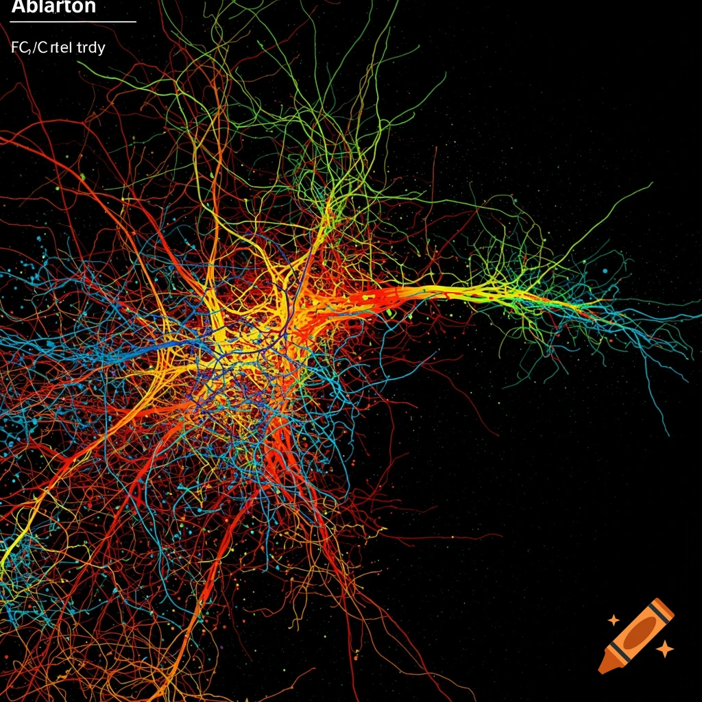 Abstract network of branching lines in red, yellow, green, and blue against a black background.