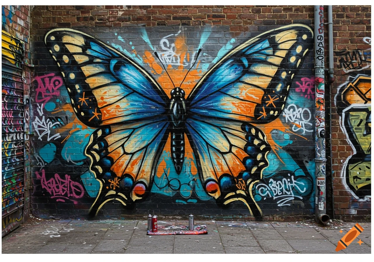 A large blue and orange butterfly mural painted on a brick wall covered in graffiti tags.