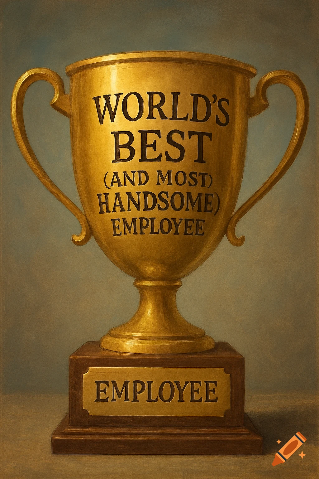 A gold trophy on a wooden base with text reading 'World's Best (and most handsome) Employee'.