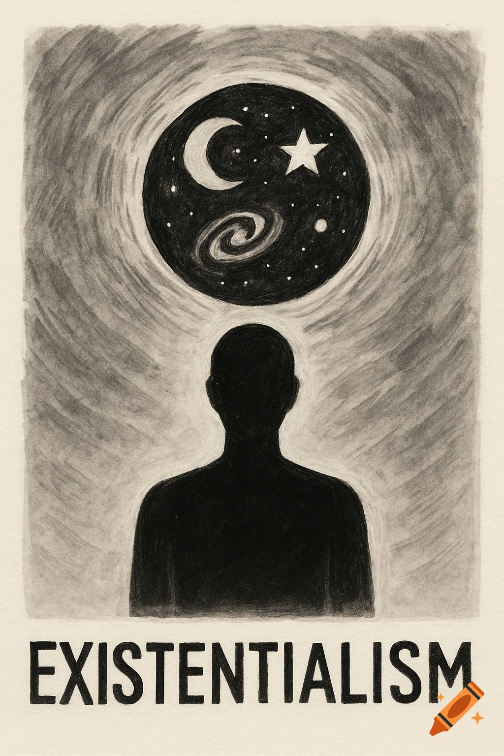 Drawing of person silhouette looking at cosmic sphere with moon, star, galaxy, and 'EXISTENTIALISM' text below