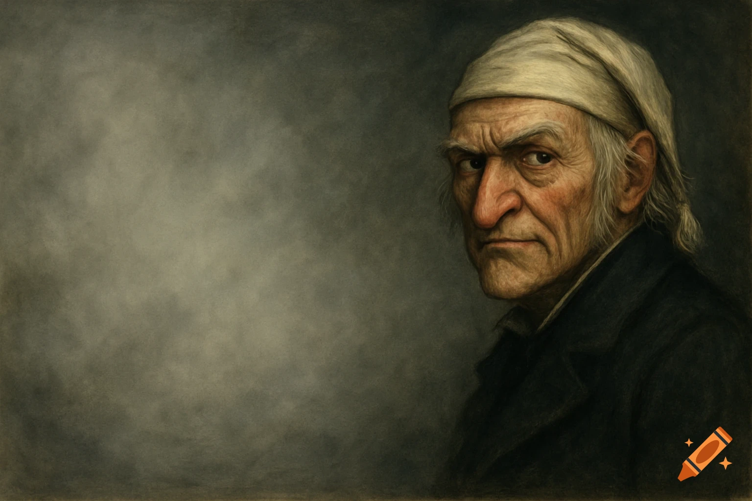 Painterly portrait of an old man in a nightcap, resembling Scrooge, looking left with an intense expression.