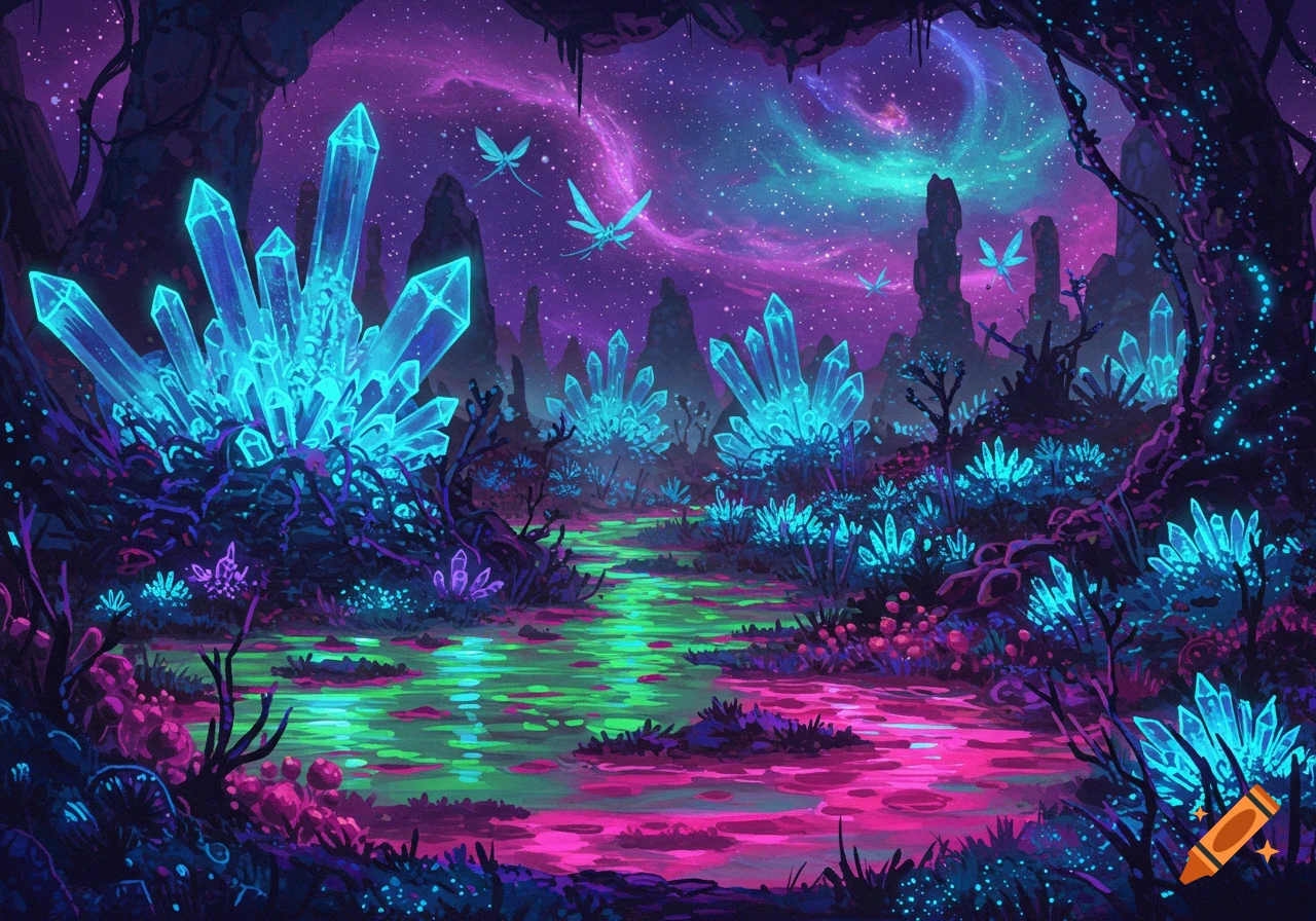 A glowing alien landscape with blue crystals, pink and green water, and a purple starry sky.