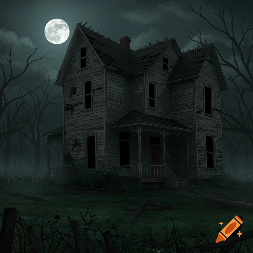 Spooky old haunted house at night under a full moon
