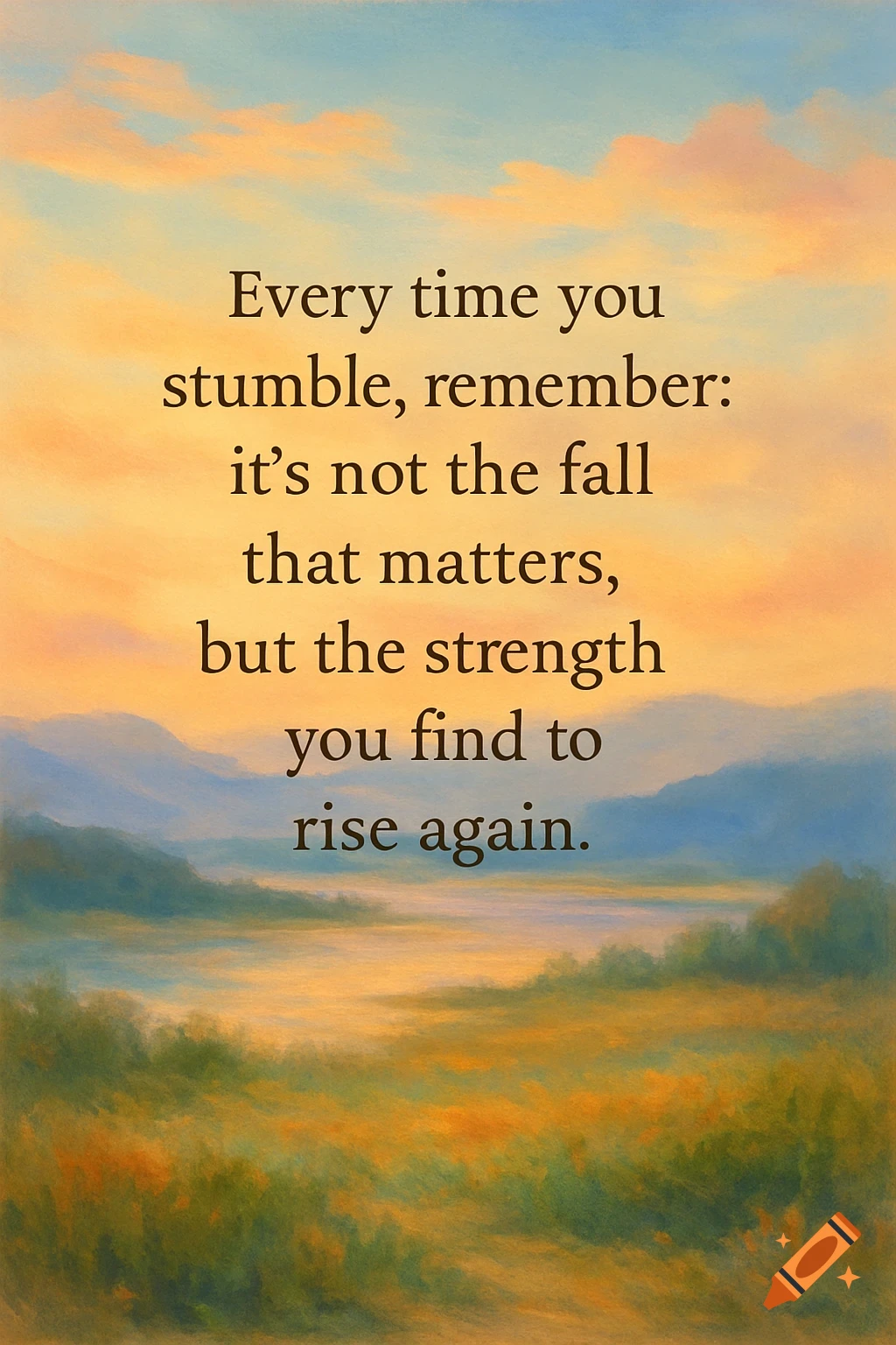 Painted landscape at sunset with an inspirational quote overlay.