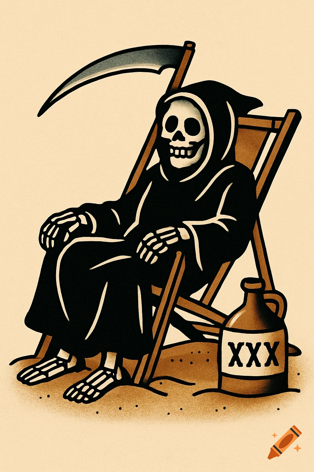 Grim Reaper relaxes in a beach chair with a scythe and jug labeled XXX in American Traditional tattoo style.