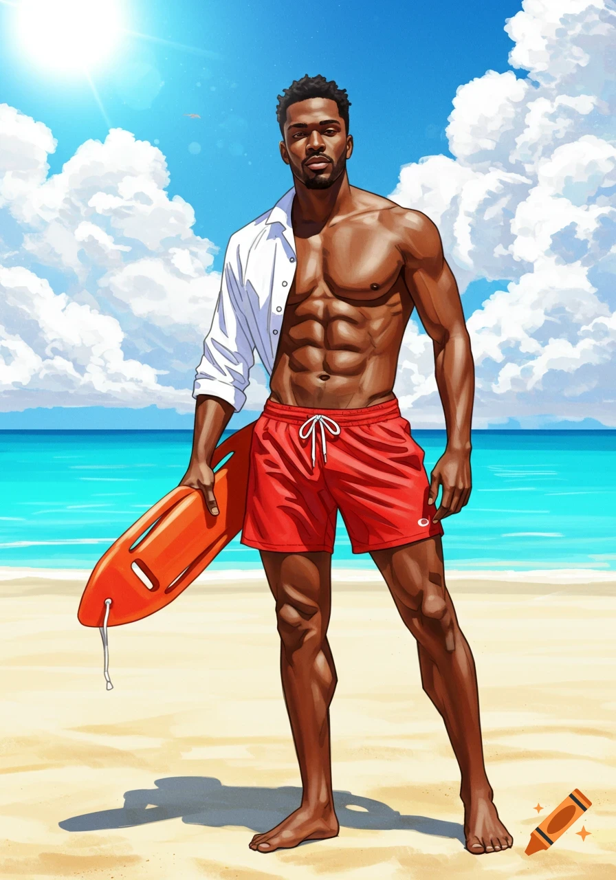 An illustration of a muscular man holding a rescue buoy on a sunny beach.