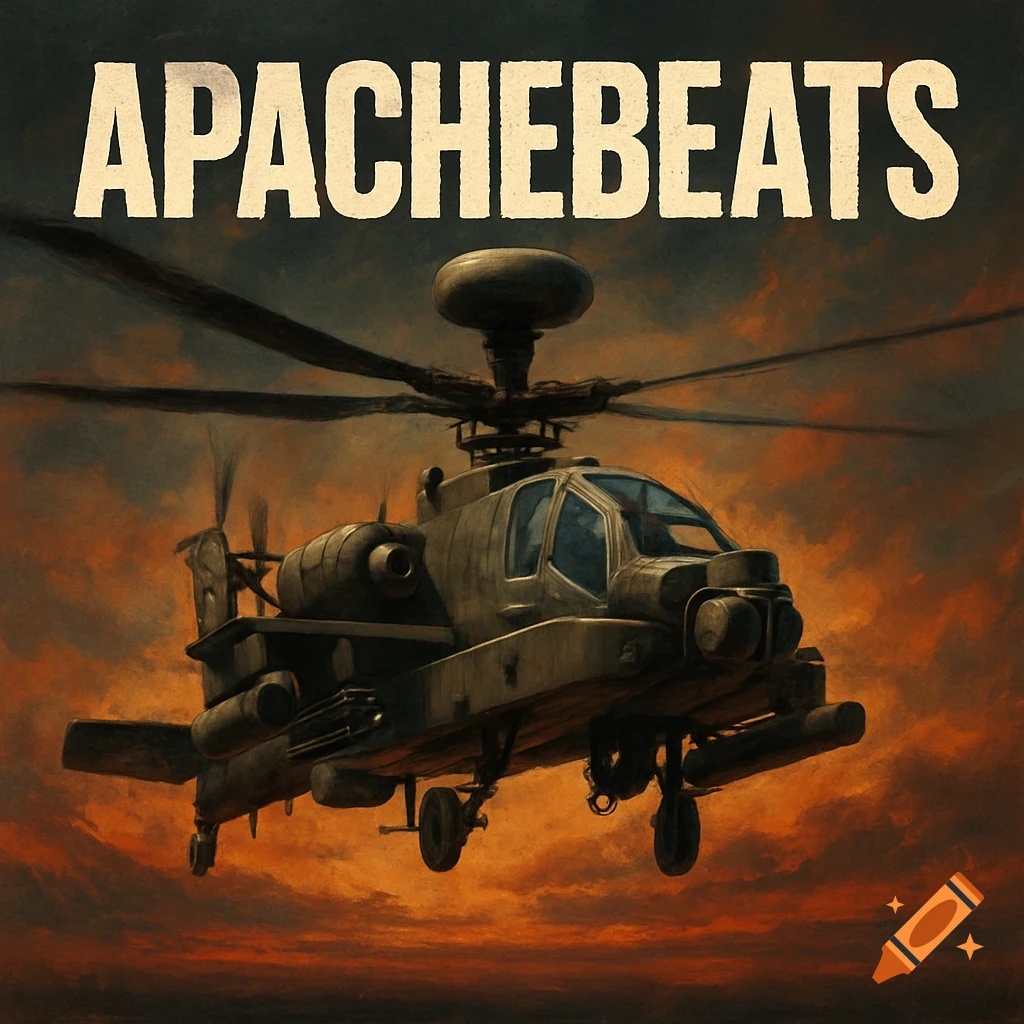 An Apache helicopter flies against a dramatic orange and grey sky. Text at the top reads 'APACHEBEATS'.