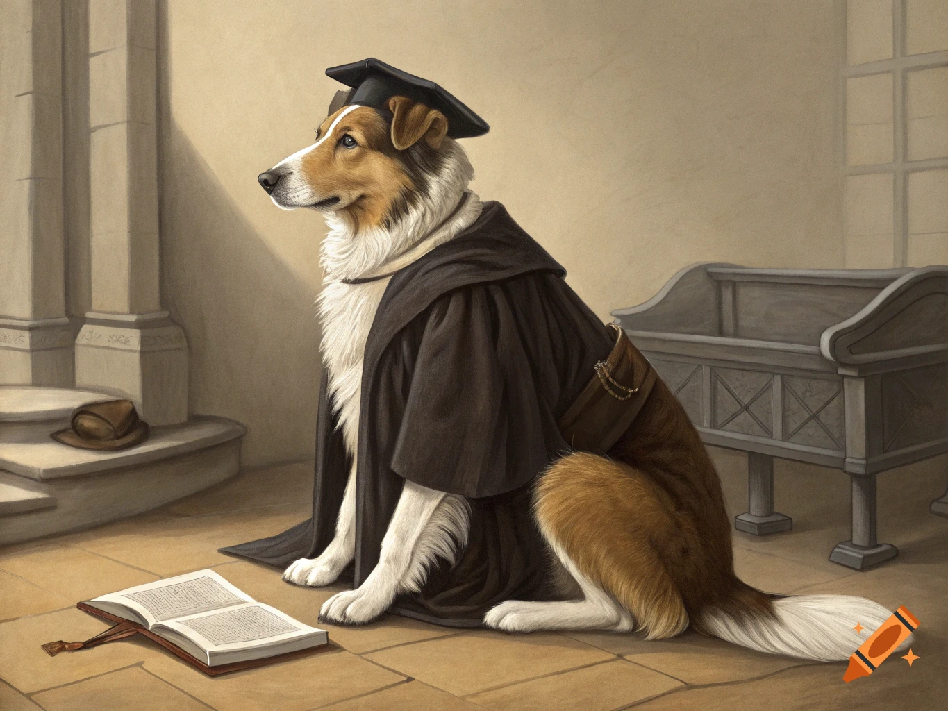 Collie dog in academic robes sits beside an open book in a study, painting style.