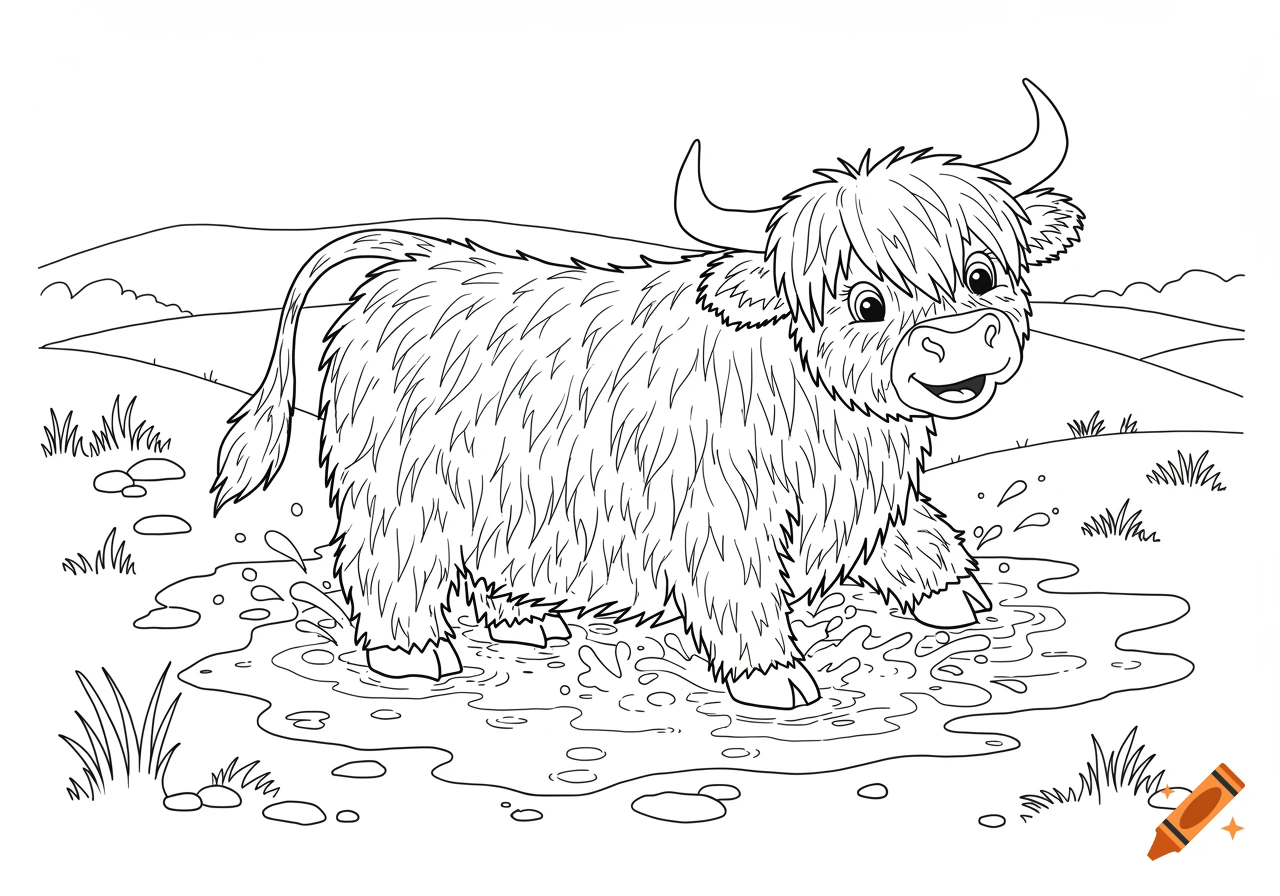 Black and white line art coloring page of a fluffy Highland cow in a mud puddle.