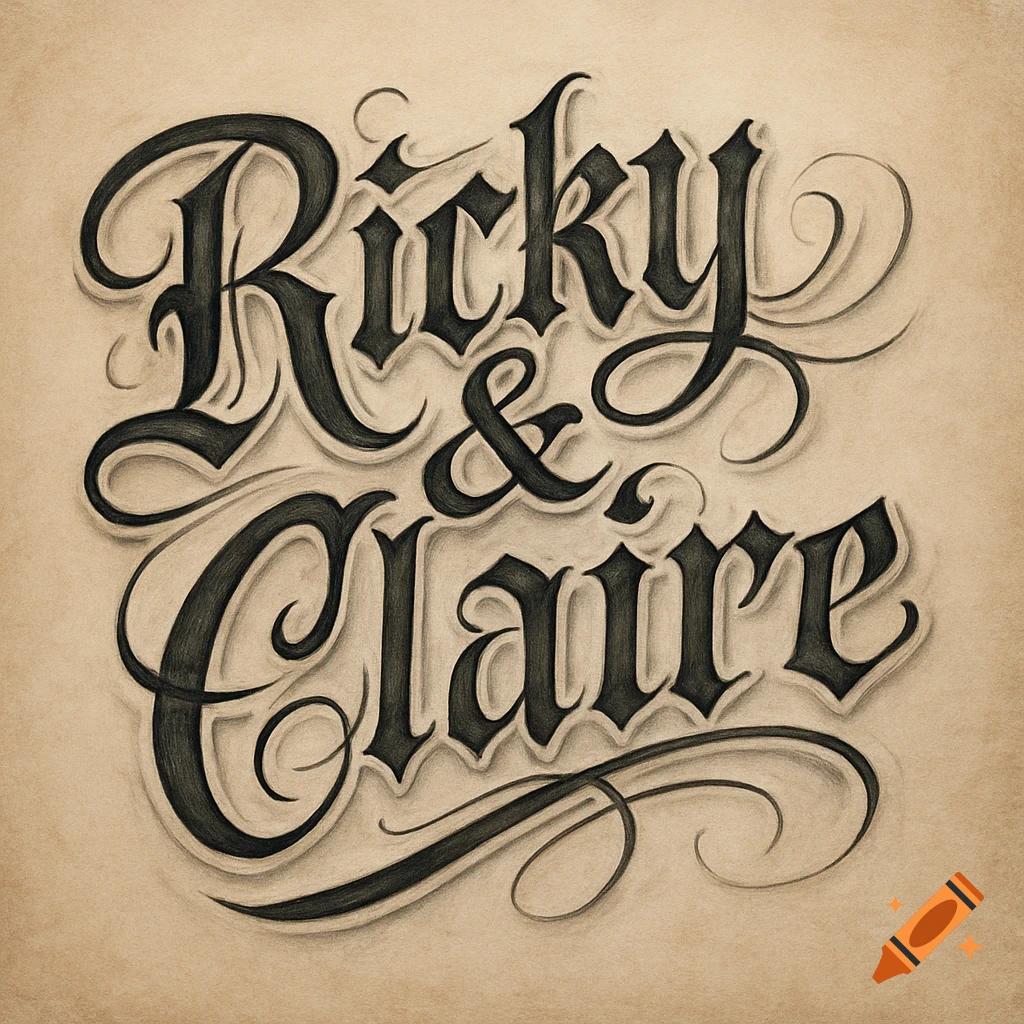 Calligraphy of "Ricky & Claire" on textured paper