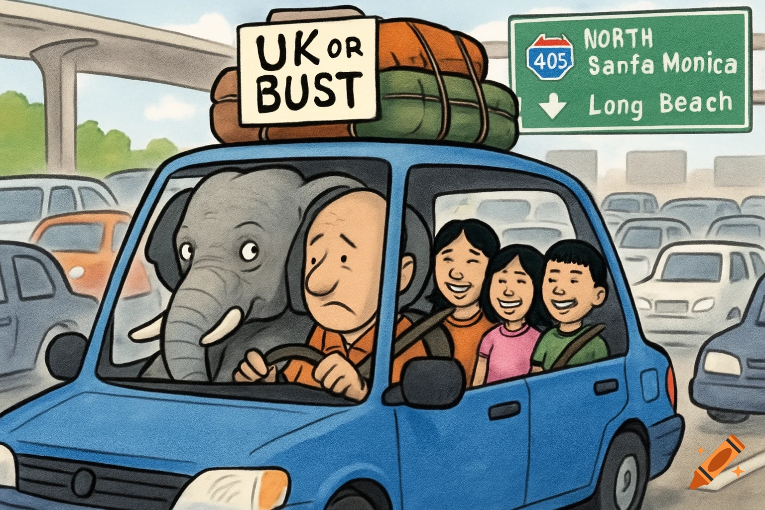 Cartoon of a sad man driving a car with an elephant, smiling family, and 'UK or BUST' luggage sign in traffic.