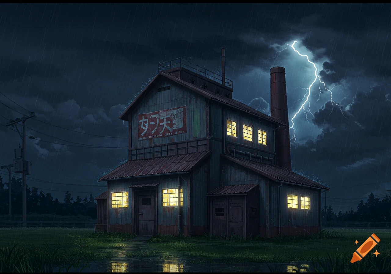 Anime style old building on a stormy night with rain and lightning.