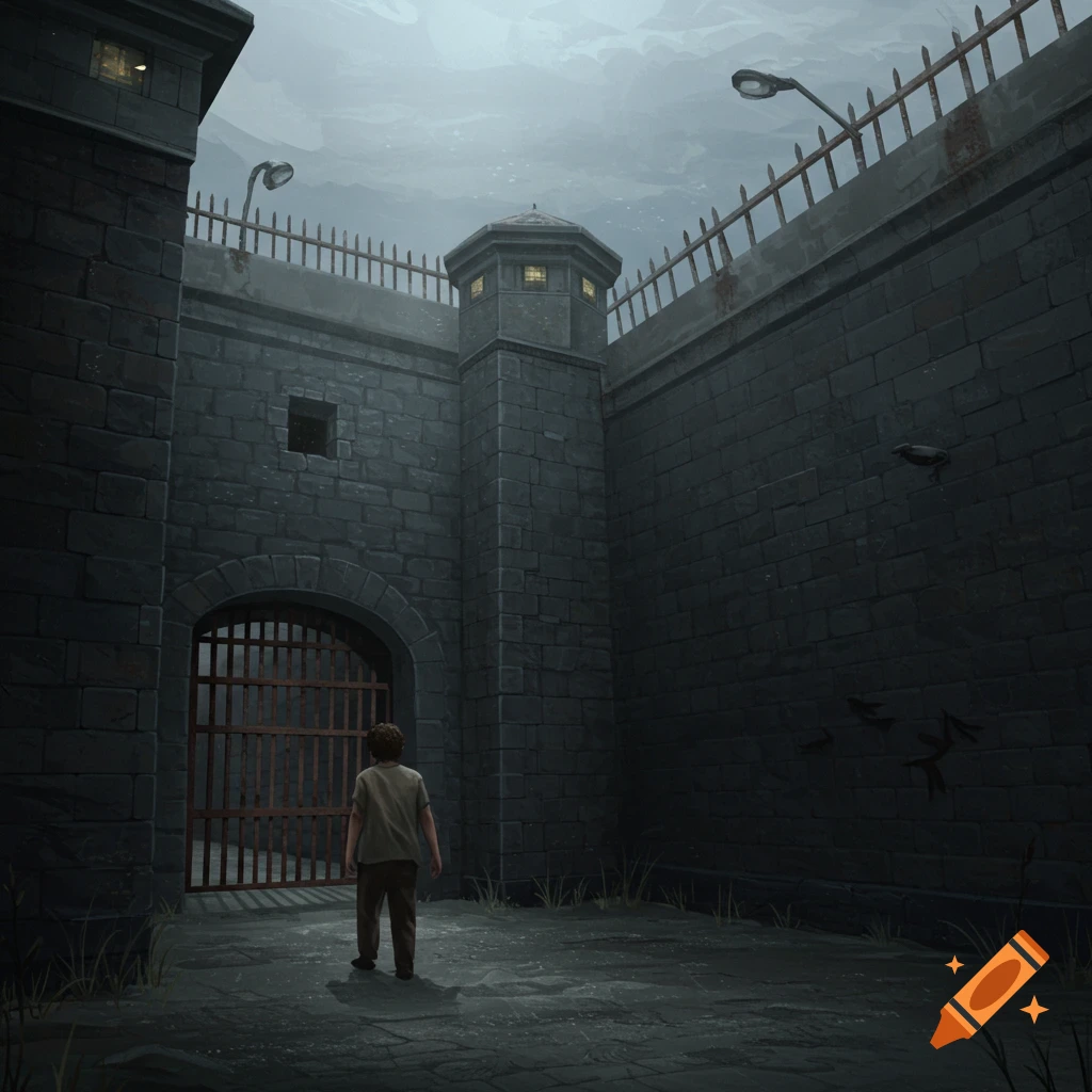 A child stands looking at a large metal gate in the stone wall of a prison courtyard, rendered in a dark digital painting style.