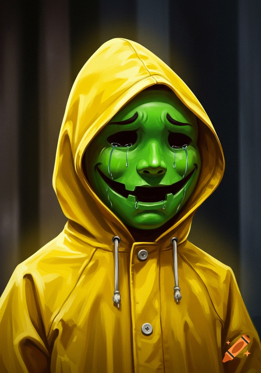 Green crying mask in a yellow hooded raincoat