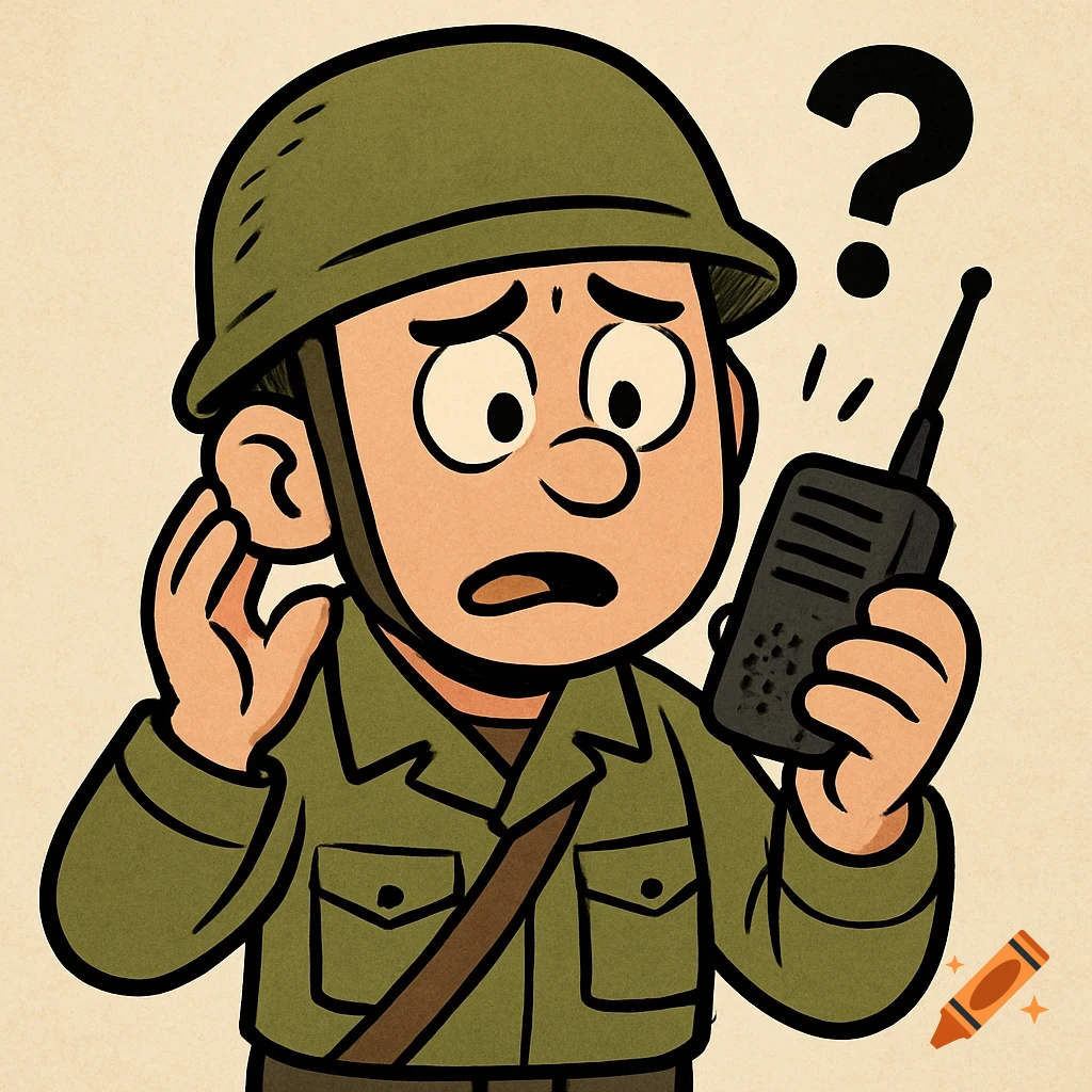 Cartoon soldier in helmet and uniform holding a walkie talkie, looking confused with a question mark above his head.
