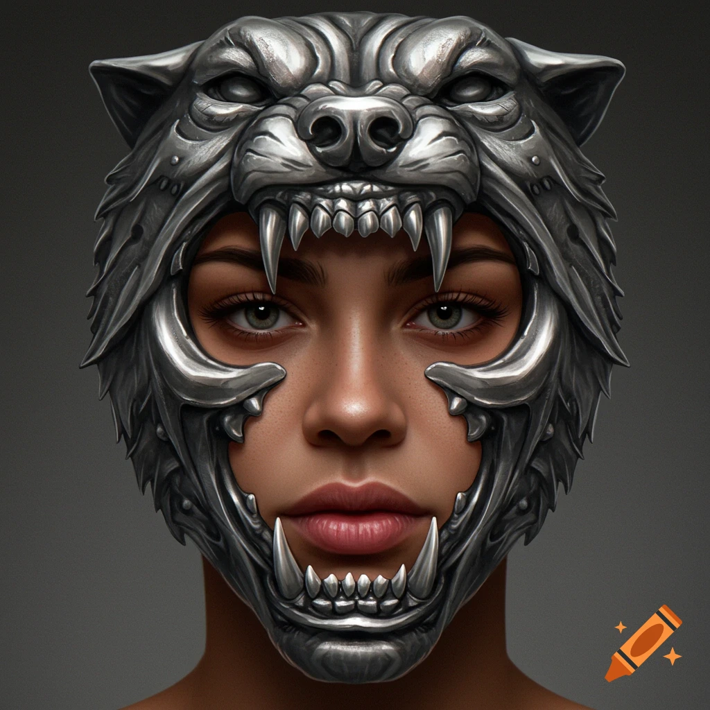 Close-up portrait of a person wearing an intricate silver mask resembling a wolf's head and mouth.