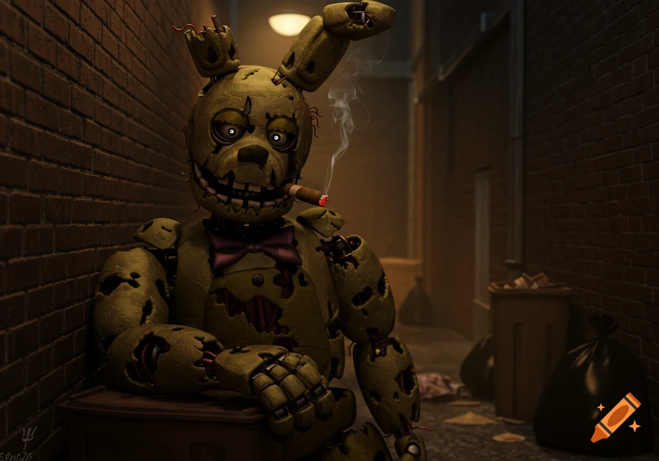 Springtrap animatronic smoking a cigar in a dark alley