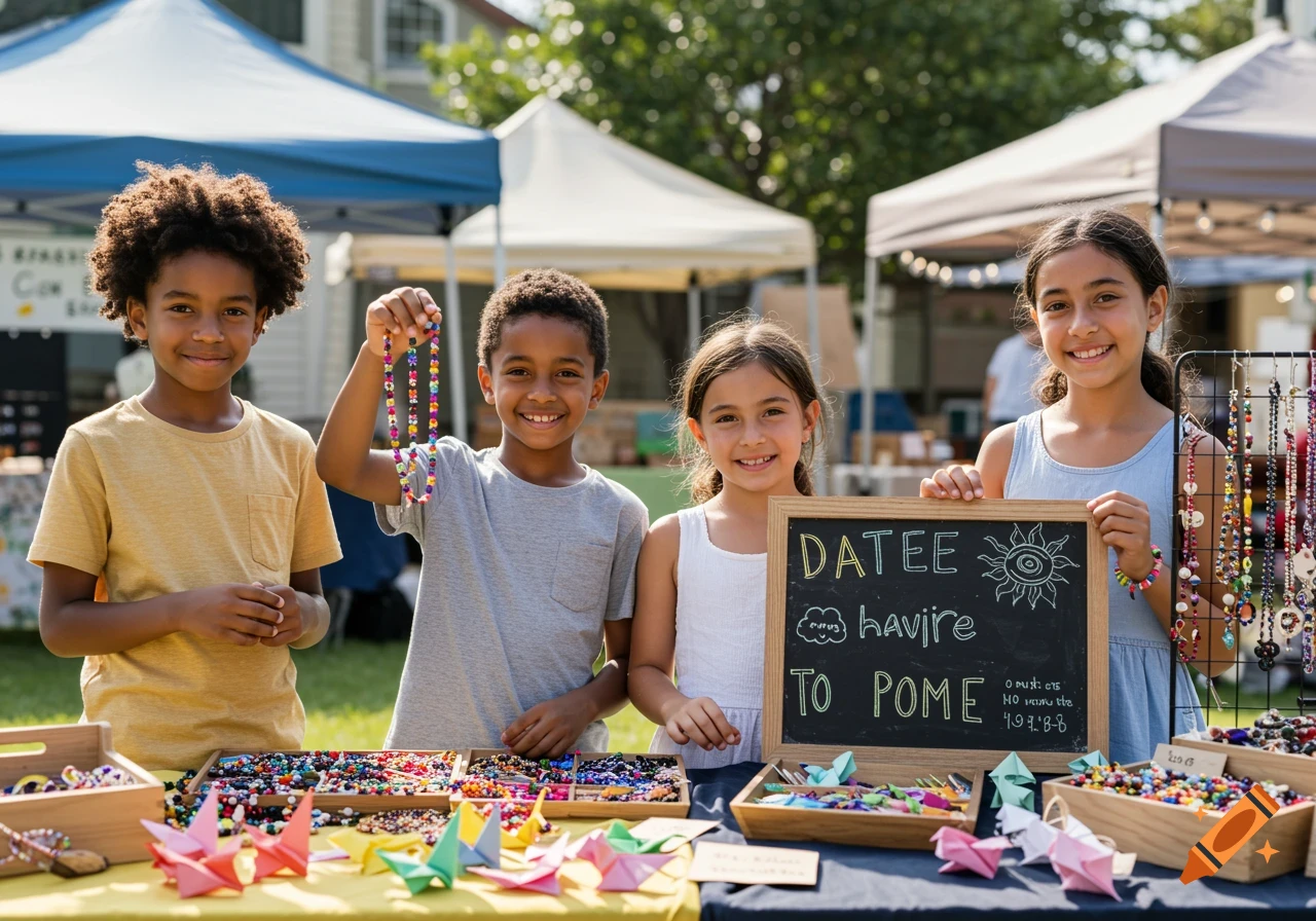 Children selling beads and origami crafts at an outdoor market.