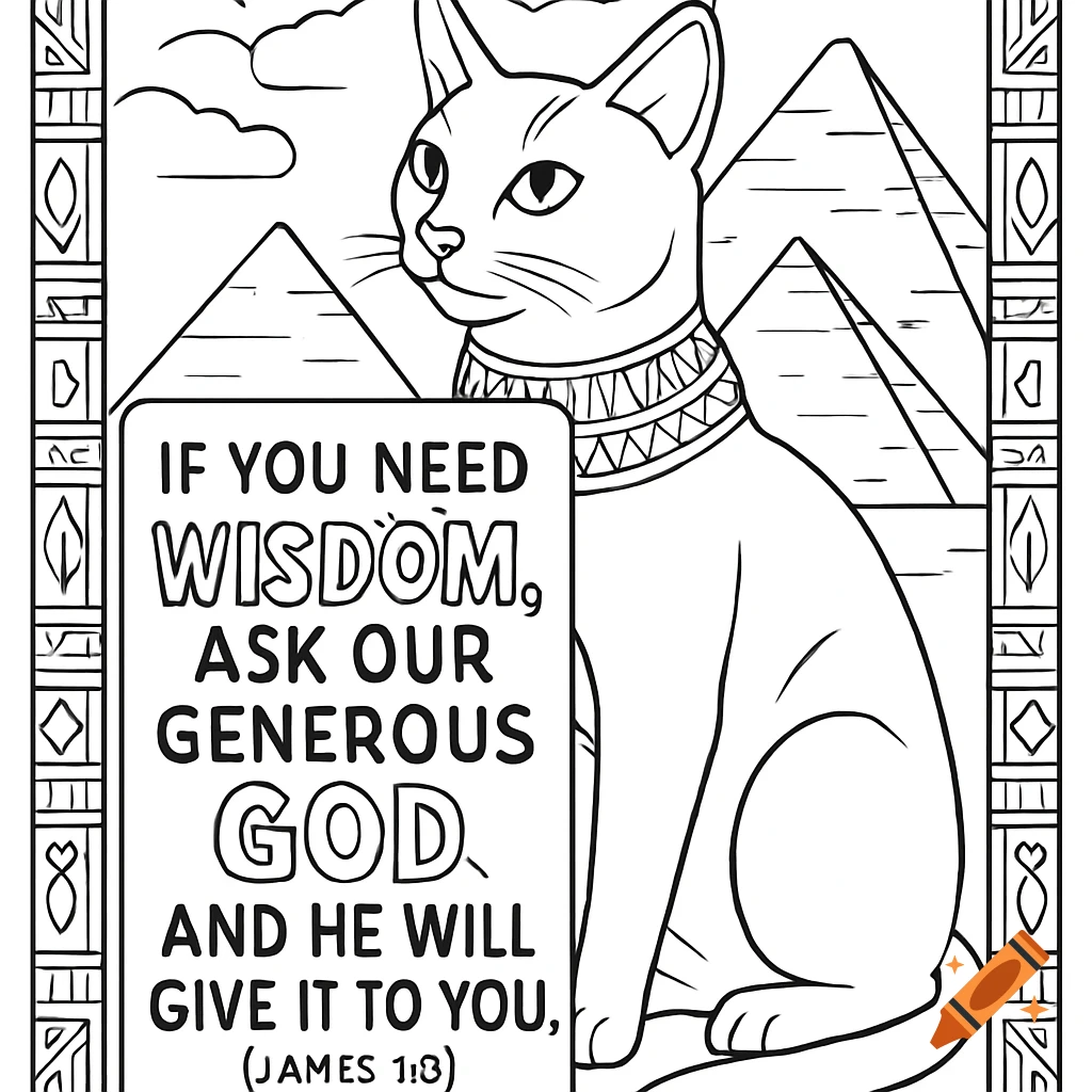 Black and white coloring page featuring an Egyptian cat sitting in front of pyramids with a Bible verse.