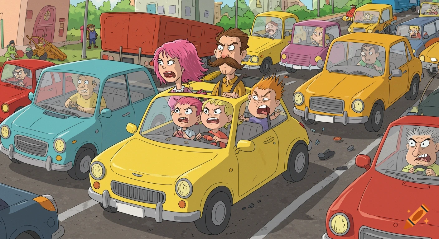 Cartoon of an angry family stuck in traffic with other frustrated drivers.