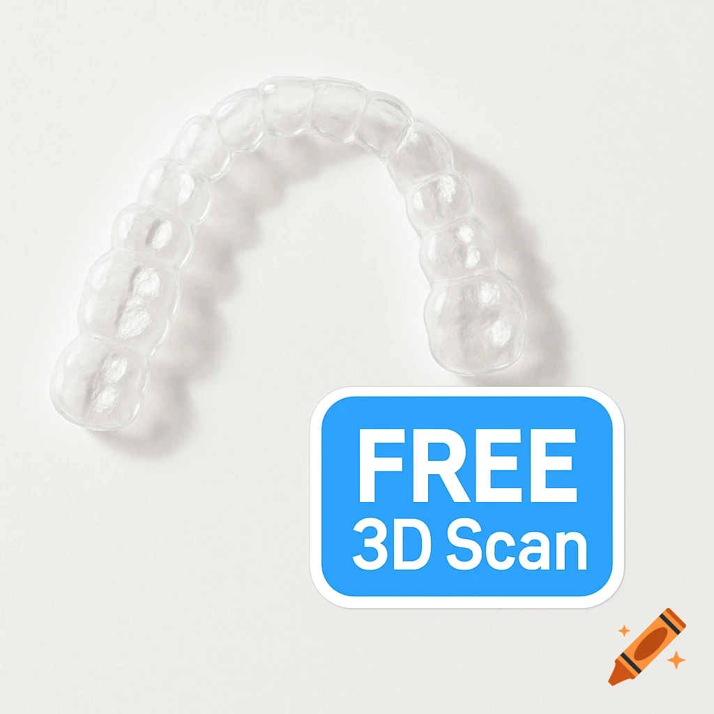 Clear dental aligner and a blue sticker with 'FREE 3D Scan' on a white background.