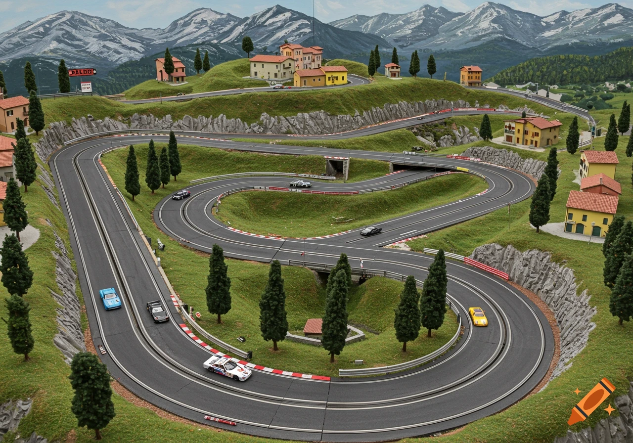 A detailed model race track with slot cars winding through an Italian-style mountain landscape with buildings and trees.