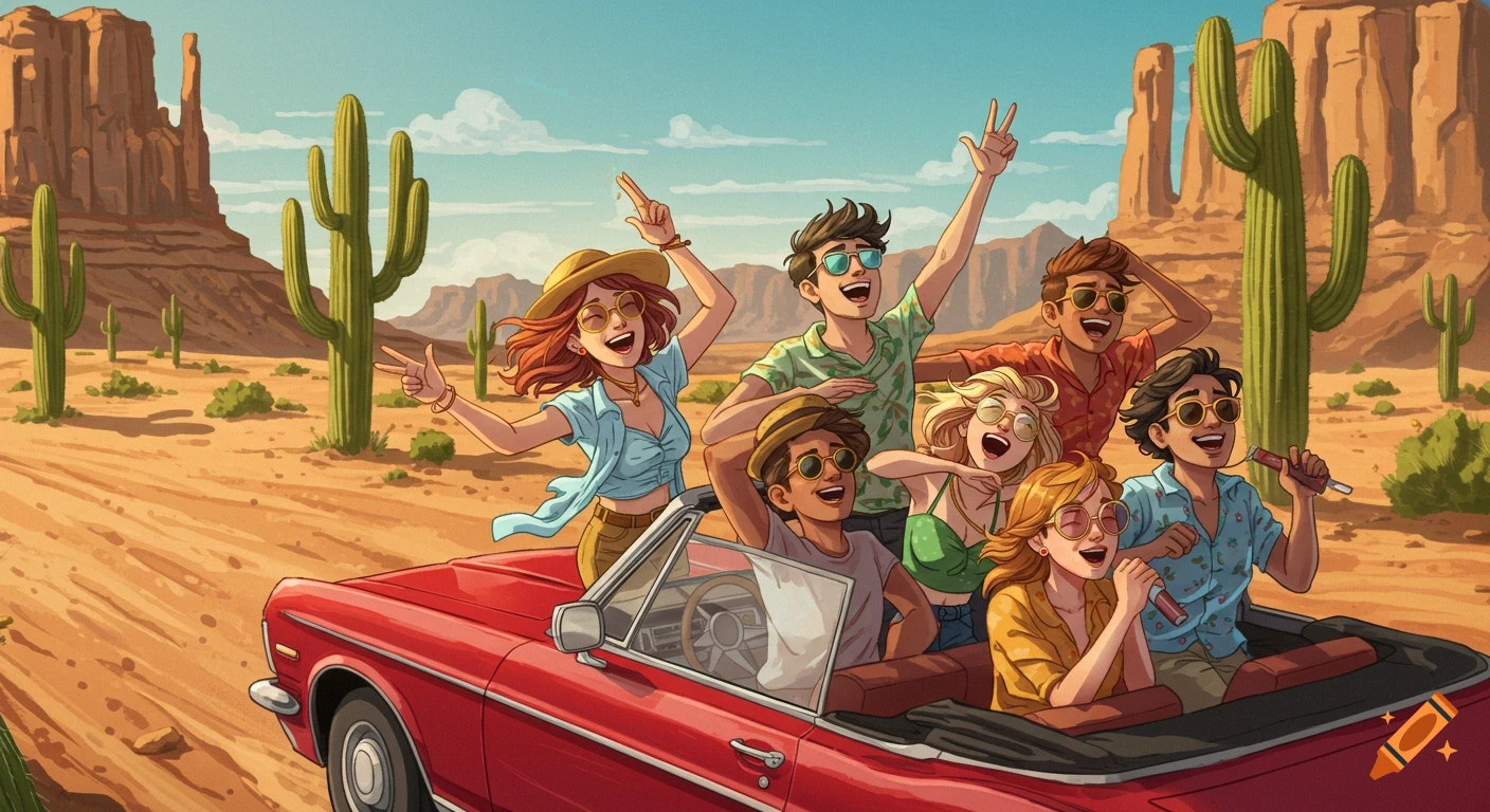 Illustration of friends in a red convertible driving through a desert landscape with cacti and mountains, smiling and waving.