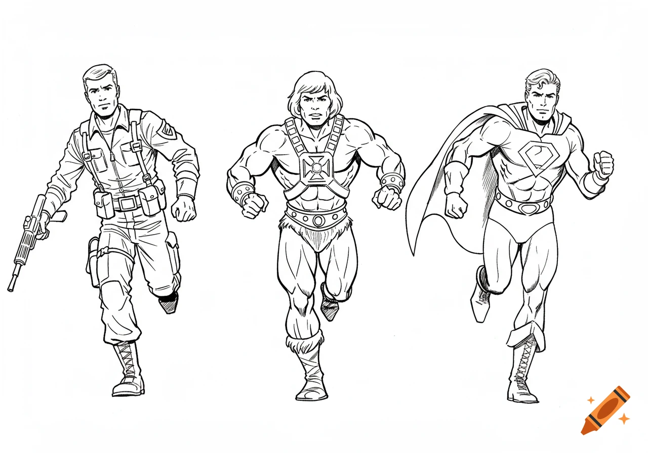 Line drawing of G.I. Joe, He-Man, and a superhero action figure running.