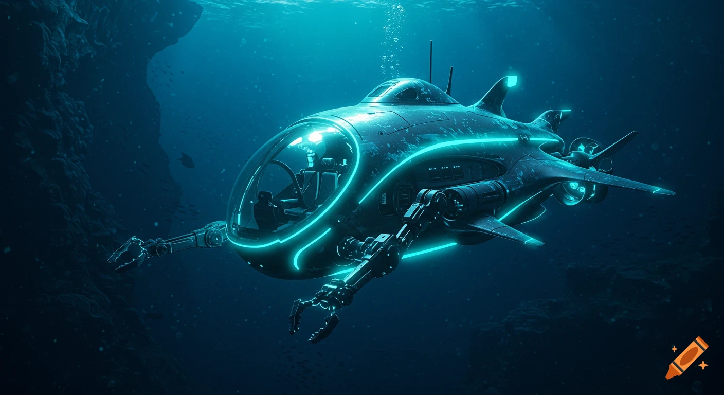 A futuristic submarine with glowing blue accents and robotic arms explores a dark underwater cave.