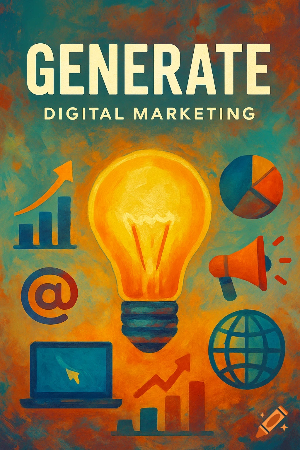 Illustration with text 'GENERATE DIGITAL MARKETING' showing digital marketing symbols: lightbulb, charts, @ symbol, laptop, megaphone, globe.