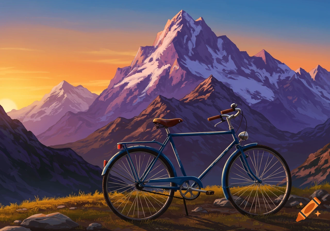 A blue bicycle stands in front of majestic mountains under a vibrant sunset sky in a painted style.