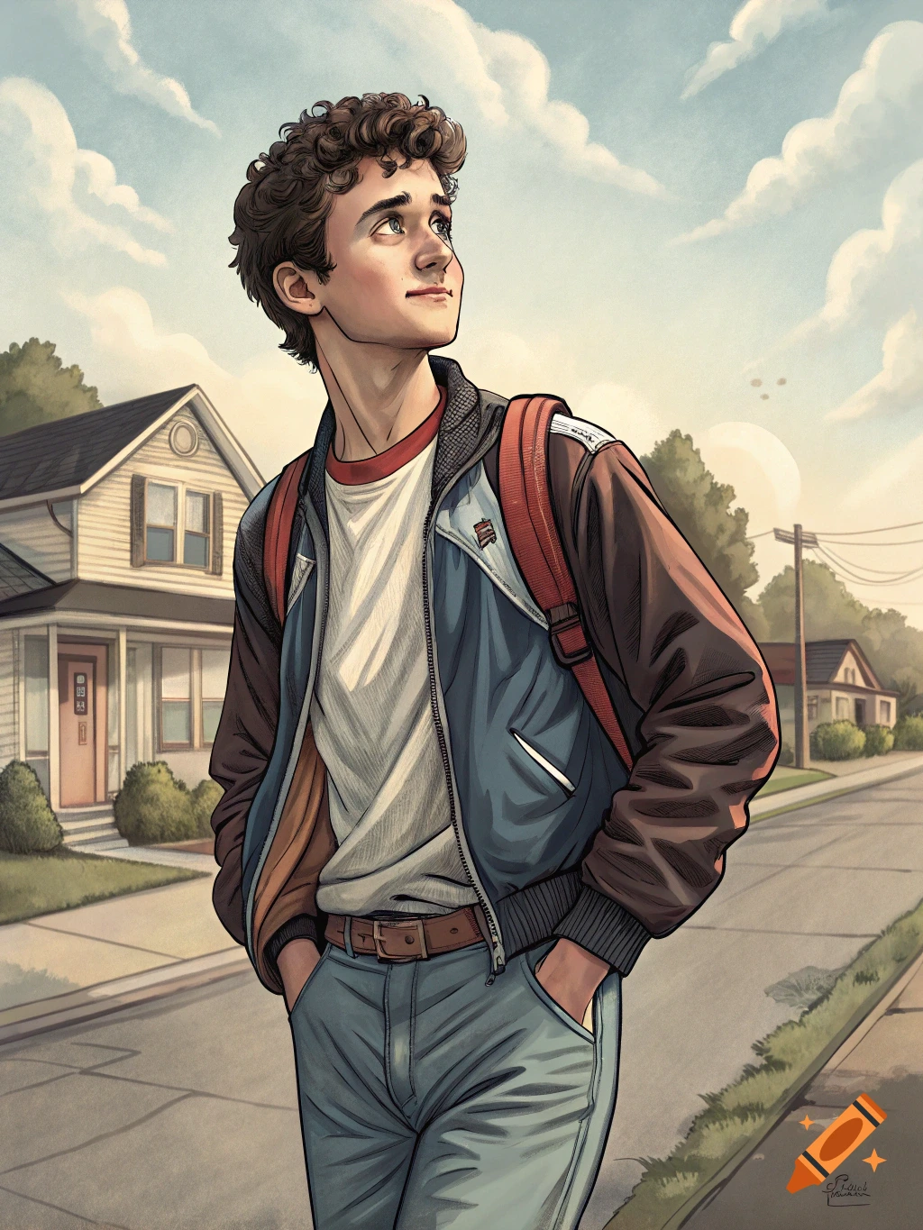 Illustration of a young man with curly hair and backpack walking down a suburban street, looking up.