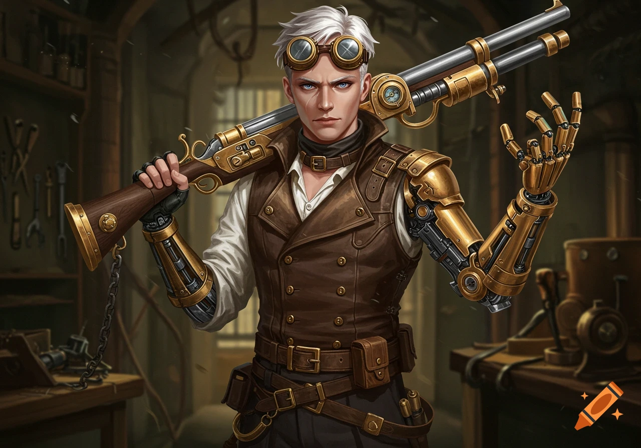 Steampunk man with mechanical arm and goggles holds a rifle over his shoulder in a workshop.